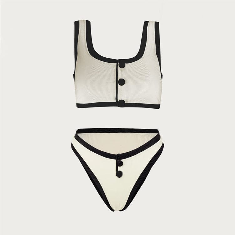 Monochrome Color-Block Backless Swimsuit with Slit Asymmetrical Beach Set