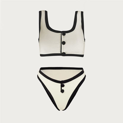 Monochrome Color-Block Backless Swimsuit with Slit Asymmetrical Beach Set