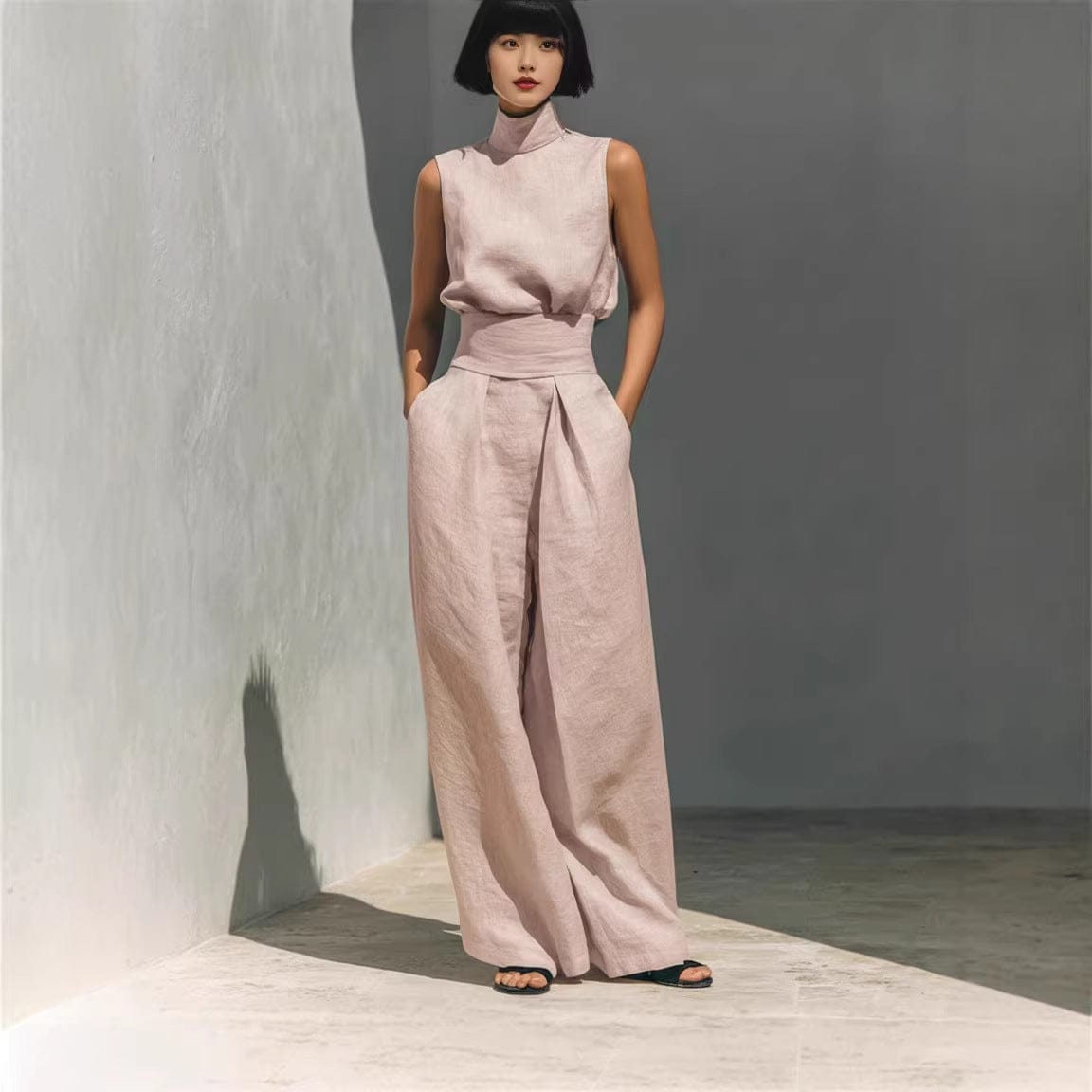 Premium Mock-Neck Sleeveless Cotton-Linen Two-Piece Set with Corset Waist