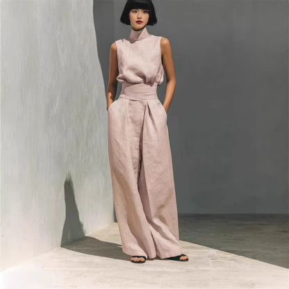 Premium Mock-Neck Sleeveless Cotton-Linen Two-Piece Set with Corset Waist