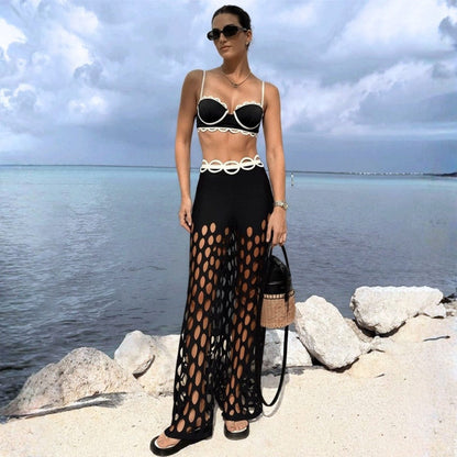 Women's Scalloped-Trim Bikini and Mesh Pants Three-Piece Premium Beach Set