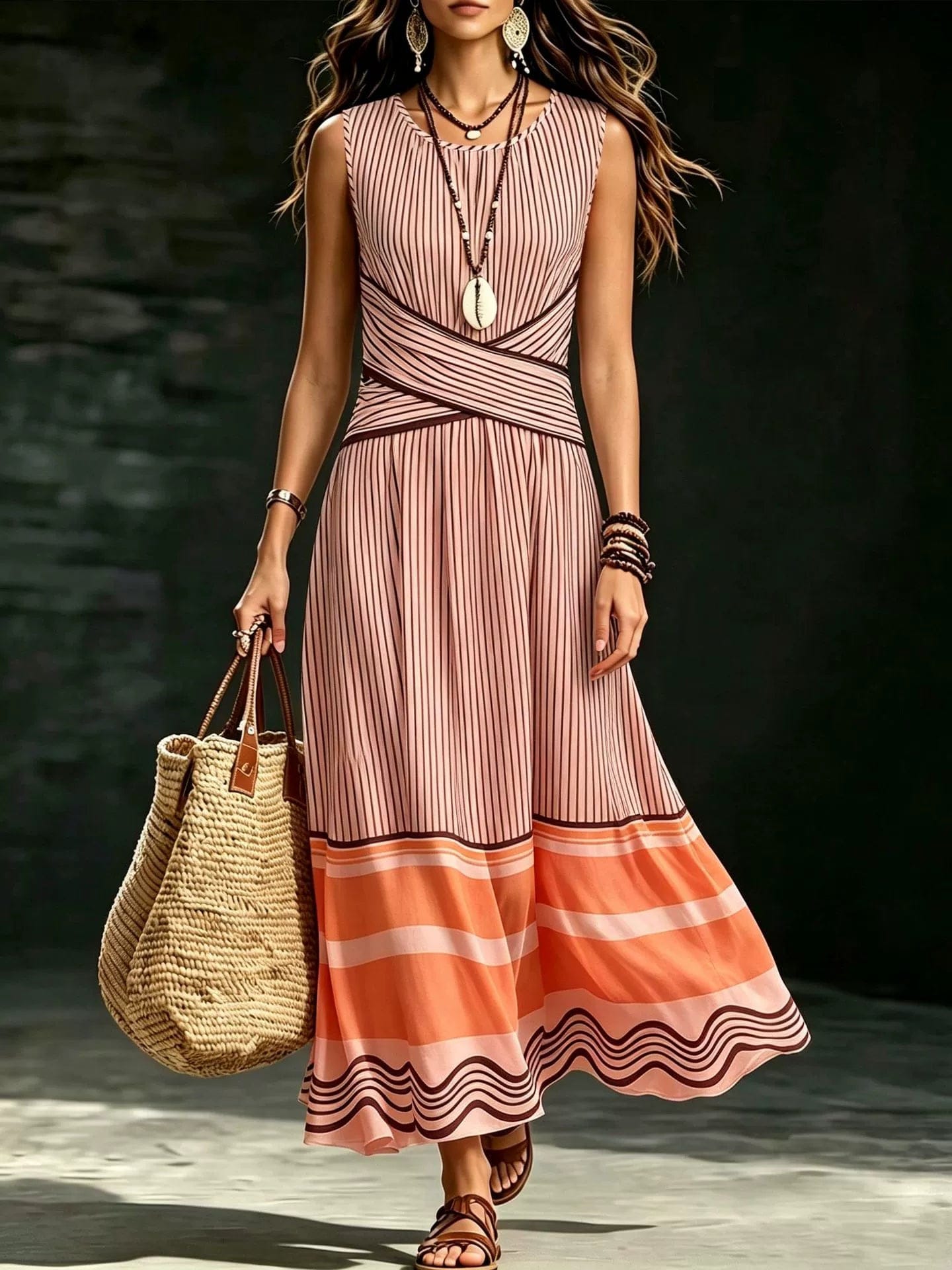 Front Cross-Tie Striped Sleeveless Maxi Dress - fabric detail