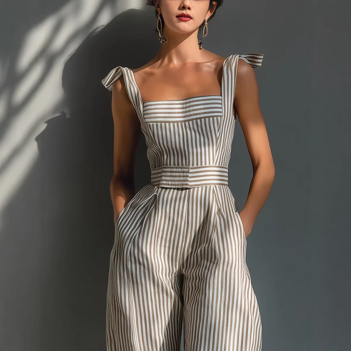 Women's striped linen pullover jumpsuit - detail