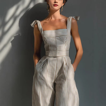 Women's striped linen pullover jumpsuit - detail