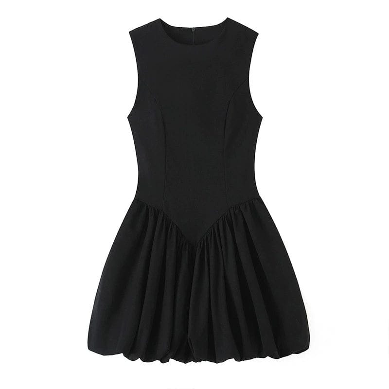 Balloon-Effect Round Neck Sleeveless Short Dress - front view