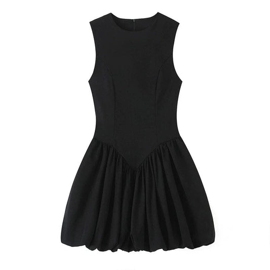 Balloon-Effect Round Neck Sleeveless Short Dress - front view