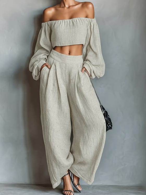 Women's off-shoulder crop top and wide-leg pants set - Off-White