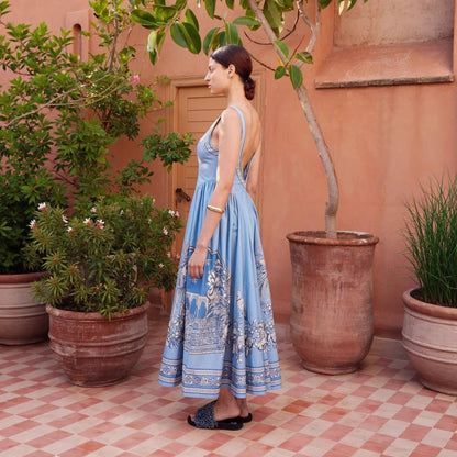 Retro Artistic-Print Square-Neck Maxi Dress