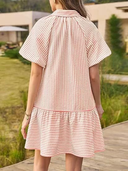 Striped Balloon-Sleeve Oversized Shirt Dress - fabric detail