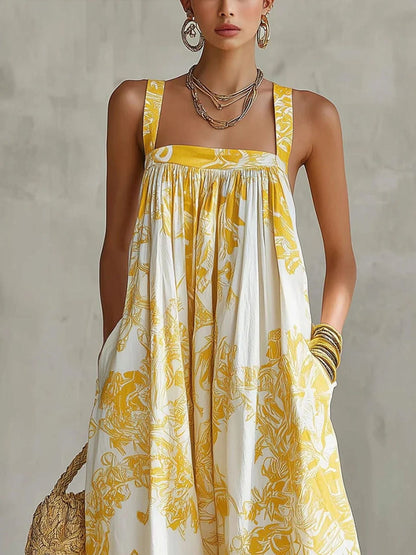 Retro Tile-Print High-Waisted Wide-Leg Flowing Pants