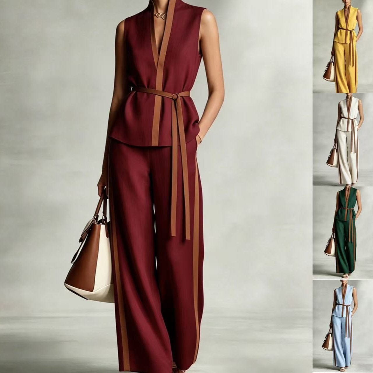 Women's Sleeveless Office Wide-Leg High-Waisted Pants Set