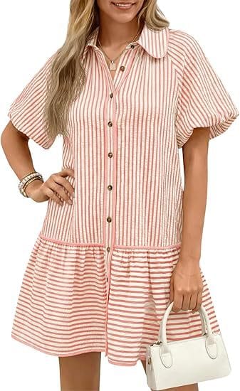 Striped Balloon-Sleeve Oversized Shirt Dress - Light Pink