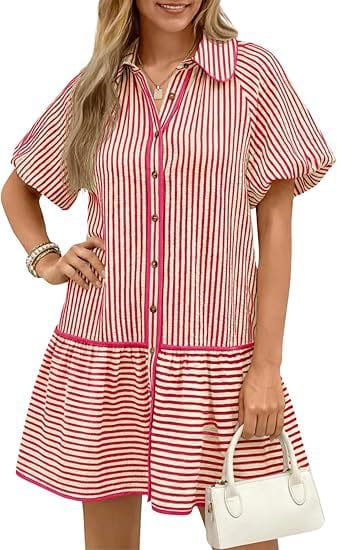 Striped Balloon-Sleeve Oversized Shirt Dress - Fuchsia