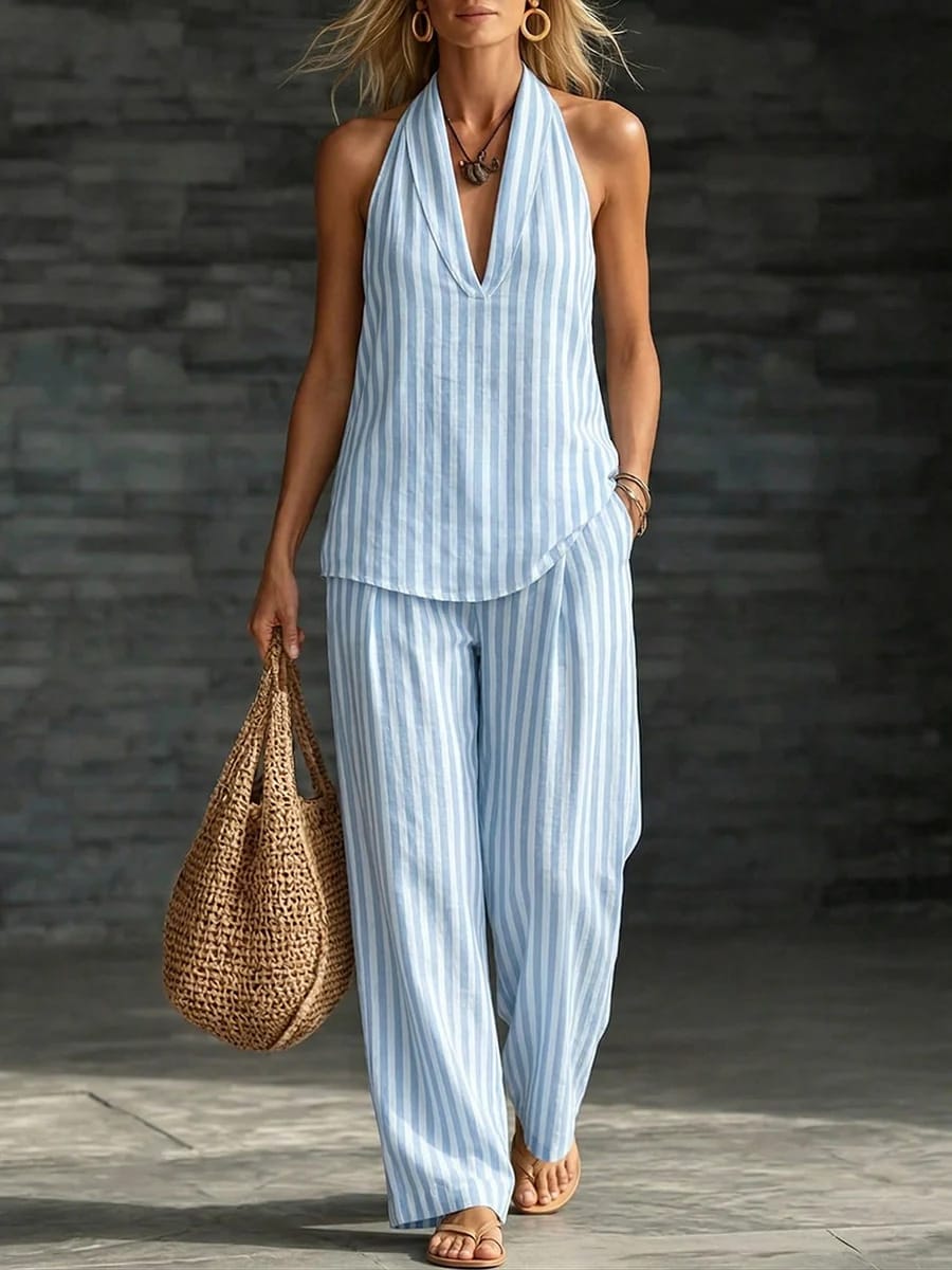 Women's striped halter V-neck sleeveless two-piece set - Light Blue