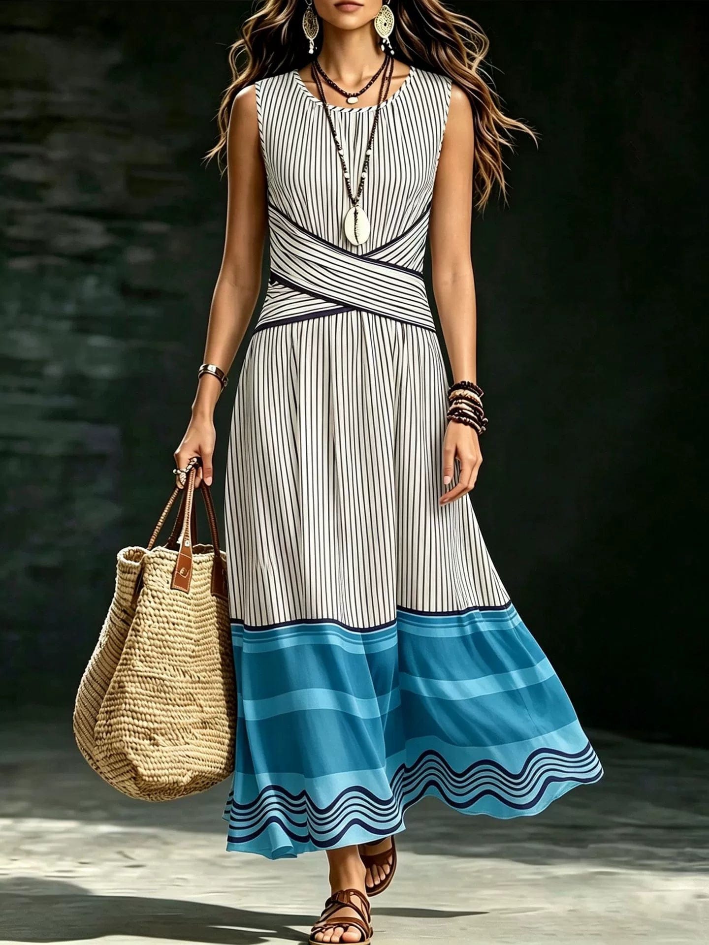 Front Cross-Tie Striped Sleeveless Maxi Dress - side view