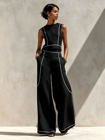 Modern Contrast-Stitch Linen Two-Piece Set