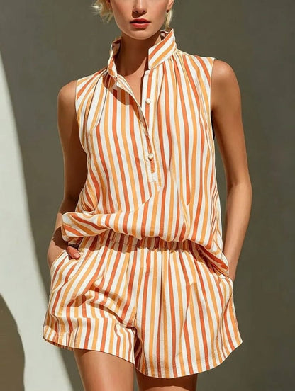 Women's Linen-Blend Striped Sleeveless Relaxed-Fit Shorts Set