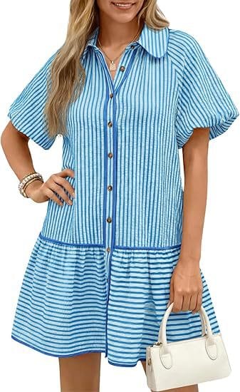 Striped Balloon-Sleeve Oversized Shirt Dress - Sky Blue