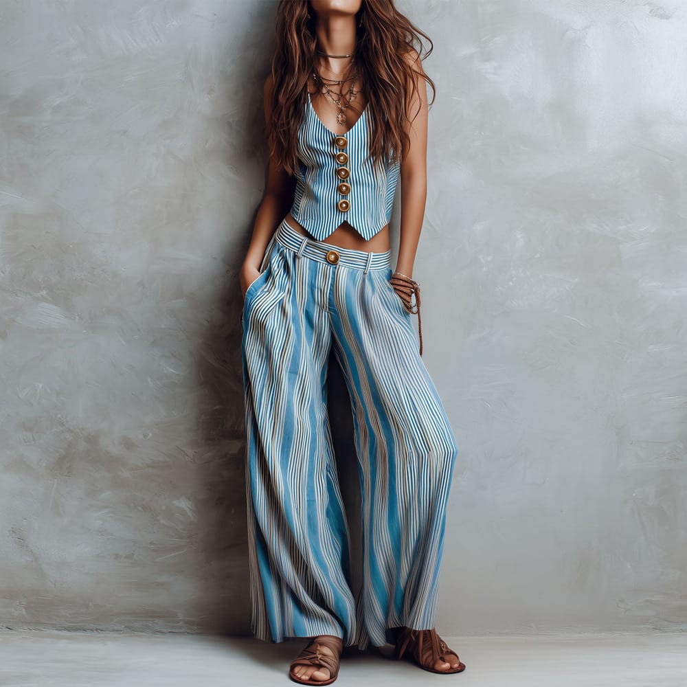 Women's blue striped vest top and wide-leg pants set