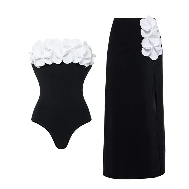 Women's 3D Floral Strapless Black-and-White Contrast One-Piece Swimsuit