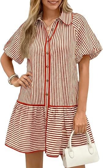 Striped Balloon-Sleeve Oversized Shirt Dress - Burgundy