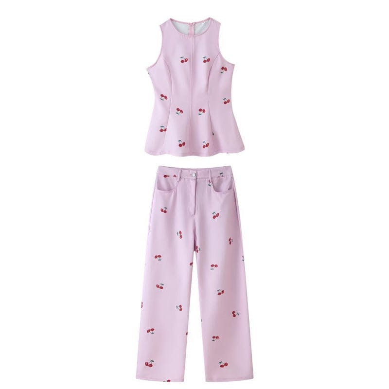 High-Waisted Wide-Leg Printed Pants Two-Piece Set