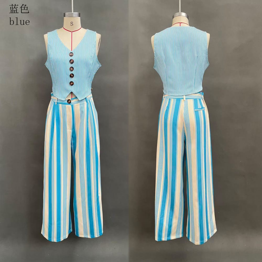 Women's blue striped vest top and wide-leg pants set - detail