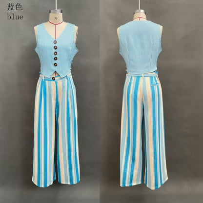 Women's blue striped vest top and wide-leg pants set - detail