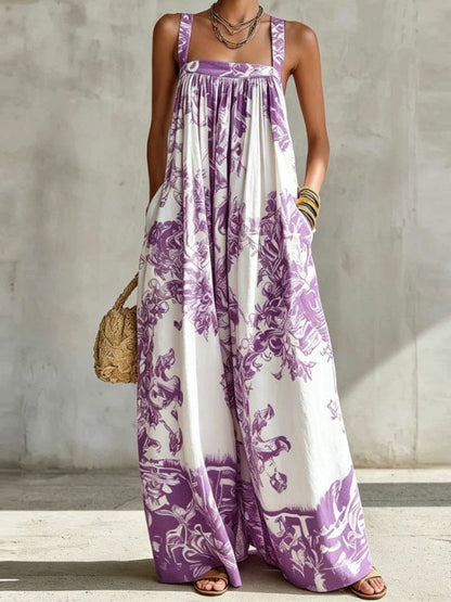 Retro Tile-Print High-Waisted Wide-Leg Flowing Pants