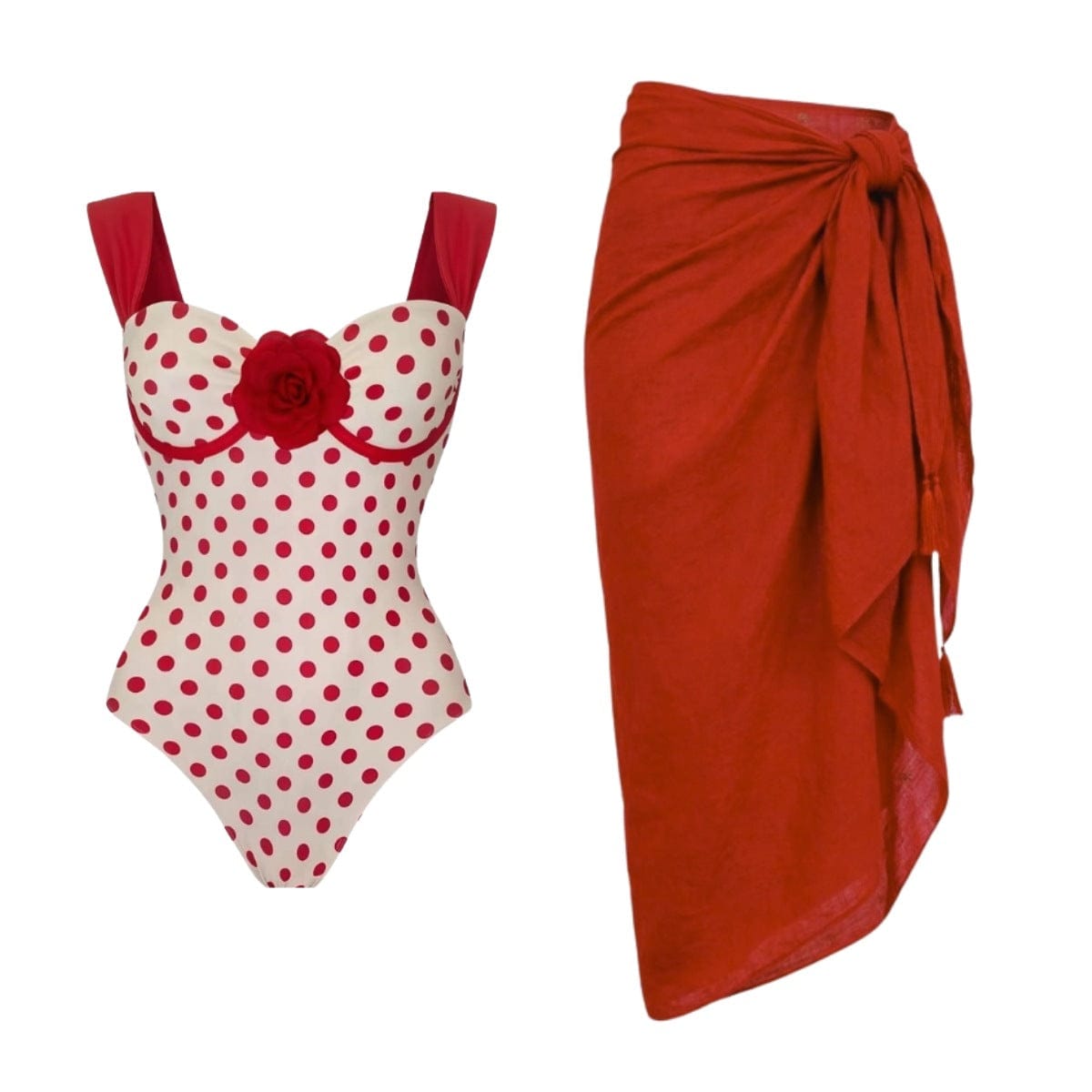 Red Polka-Dot Sweetheart-Neck Swimsuit and Tie-Waist Beach Skirt Luxury Set