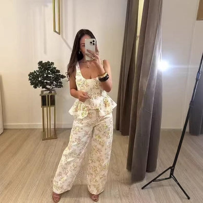 High-Waisted Wide-Leg Printed Pants Two-Piece Set