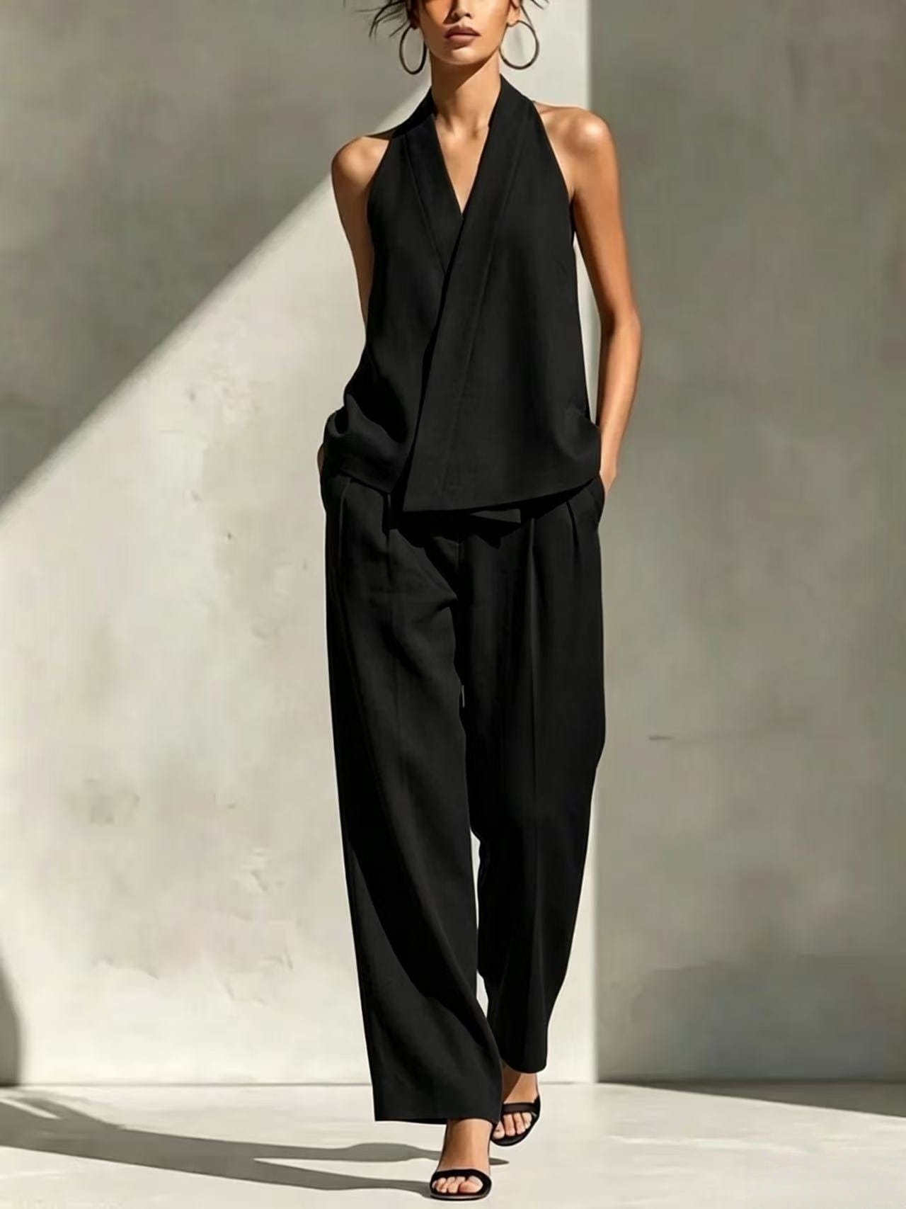 Premium Strappy V-Neck Linen-Texture Two-Piece Set
