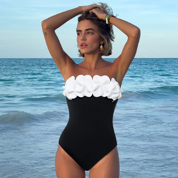 Women's 3D Floral Strapless Black-and-White Contrast One-Piece Swimsuit