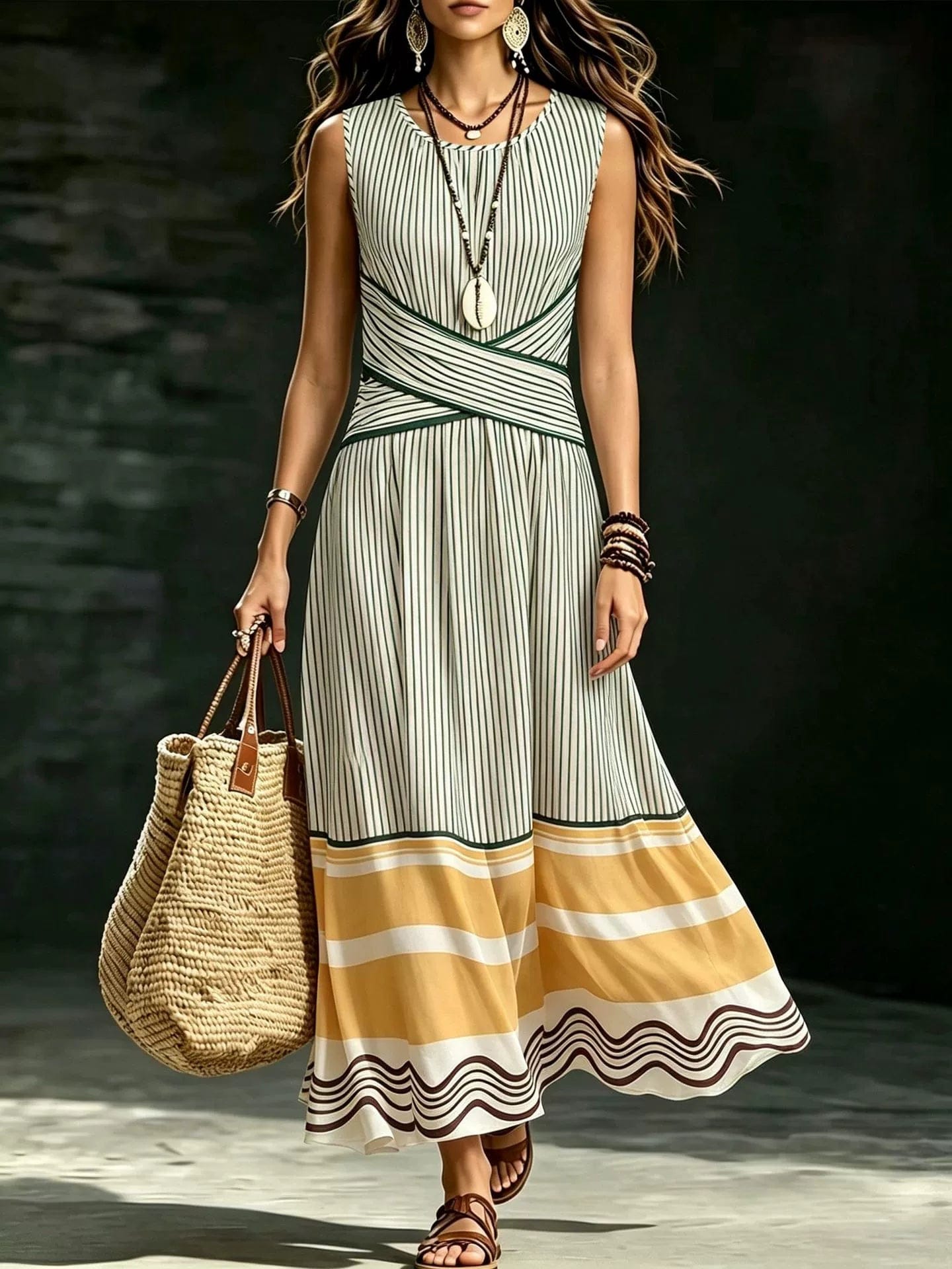 Front Cross-Tie Striped Sleeveless Maxi Dress - detail