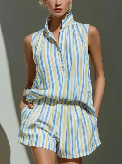 Women's Linen-Blend Striped Sleeveless Relaxed-Fit Shorts Set