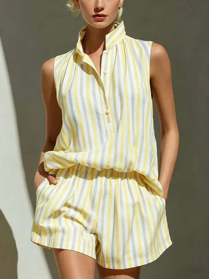Women's Linen-Blend Striped Sleeveless Relaxed-Fit Shorts Set