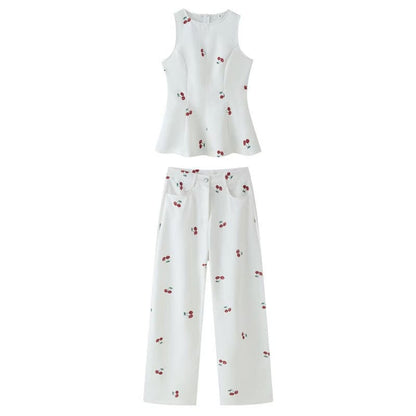 High-Waisted Wide-Leg Printed Pants Two-Piece Set