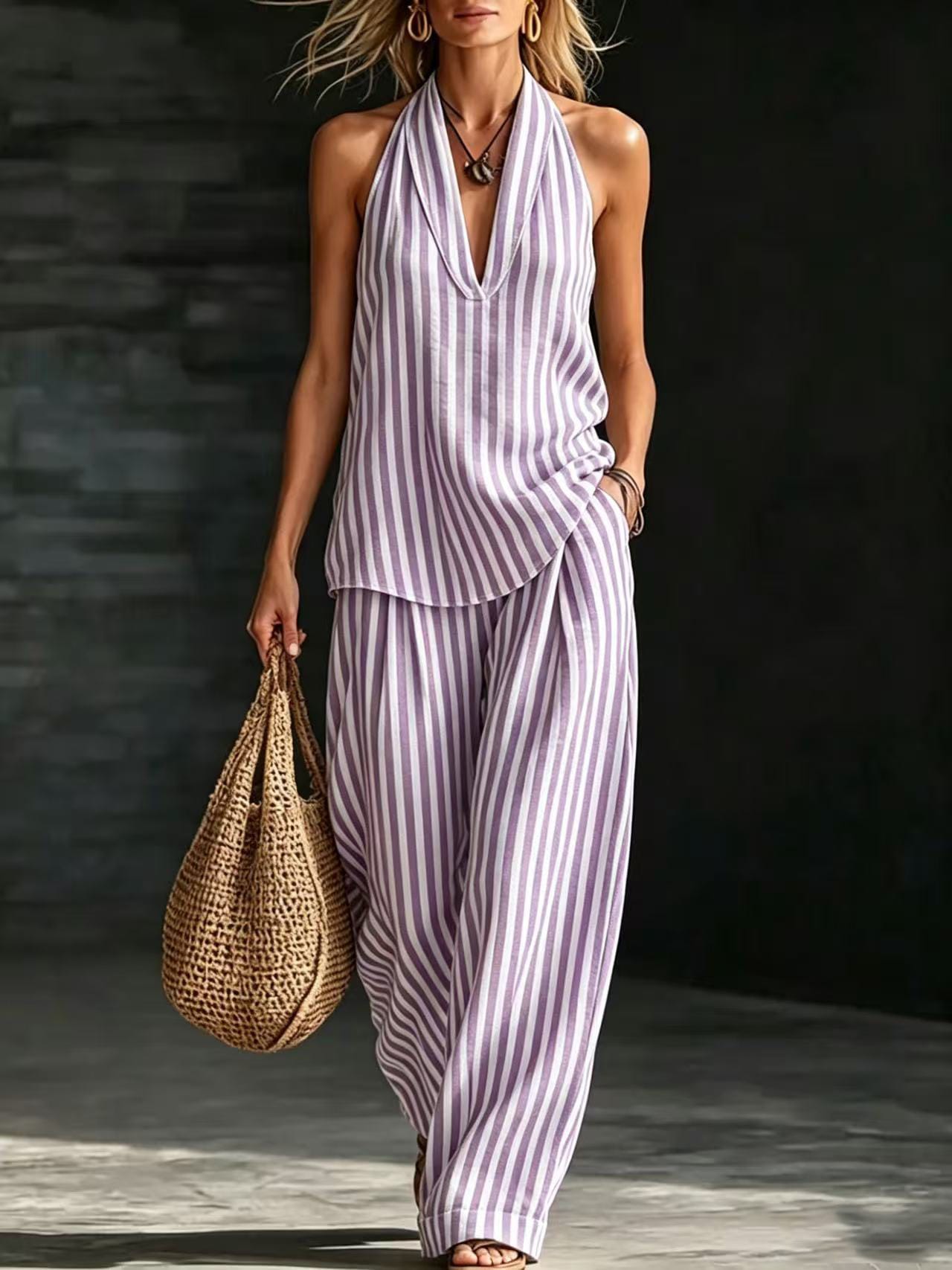 Women's striped halter V-neck sleeveless two-piece set - Black
