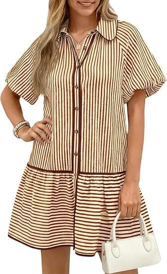 Striped Balloon-Sleeve Oversized Shirt Dress - Brown