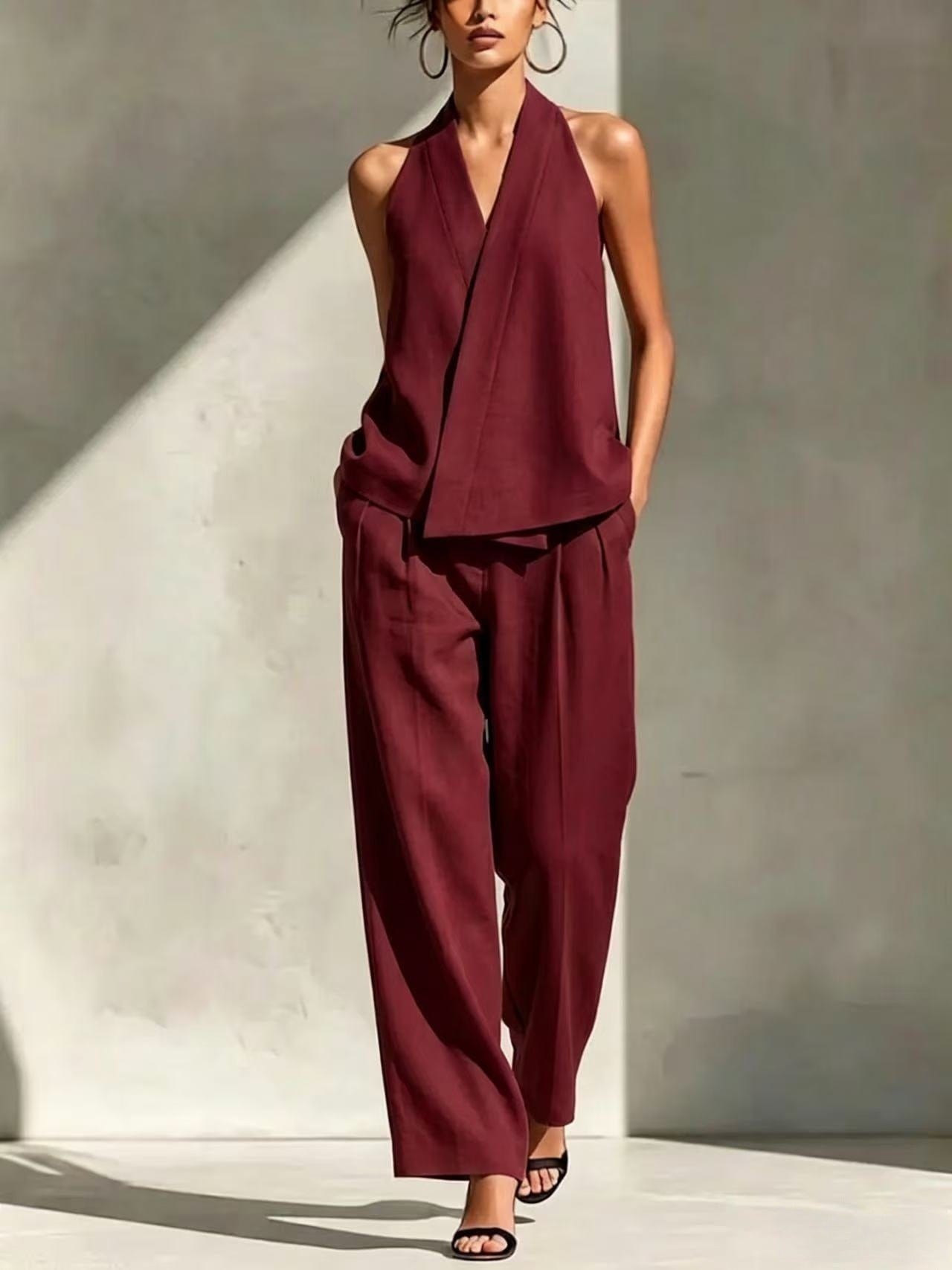 Premium Strappy V-Neck Linen-Texture Two-Piece Set