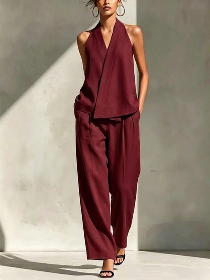 Premium Strappy V-Neck Linen-Texture Two-Piece Set