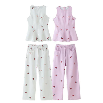 High-Waisted Wide-Leg Printed Pants Two-Piece Set