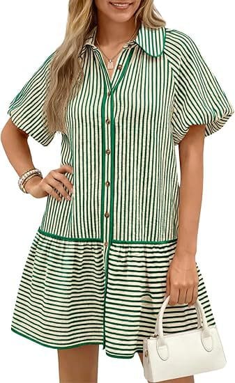 Striped Balloon-Sleeve Oversized Shirt Dress - Green