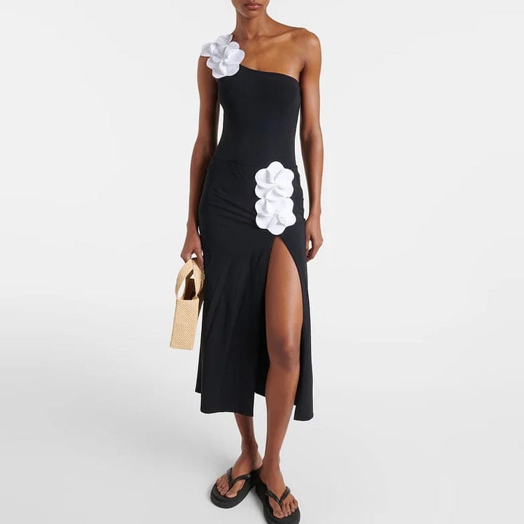 Women's 3D Floral Strapless Black-and-White Contrast One-Piece Swimsuit