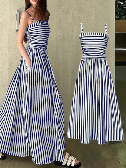 Striped Spaghetti-Strap Summer Maxi Dress – Relaxed Beach and City Style