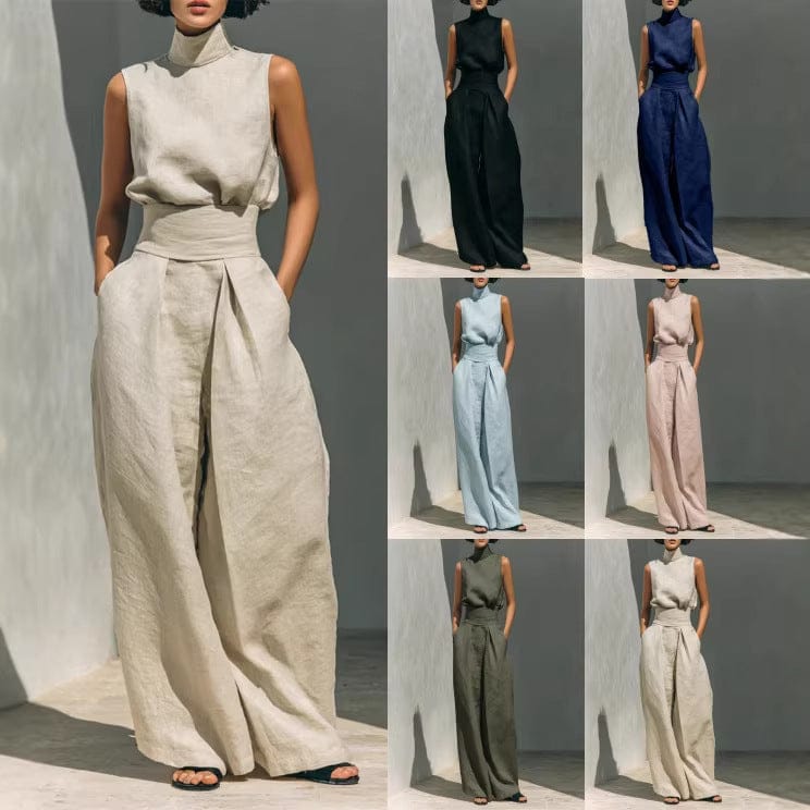Premium Mock-Neck Sleeveless Cotton-Linen Two-Piece Set with Corset Waist