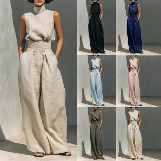 Premium Mock-Neck Sleeveless Cotton-Linen Two-Piece Set with Corset Waist