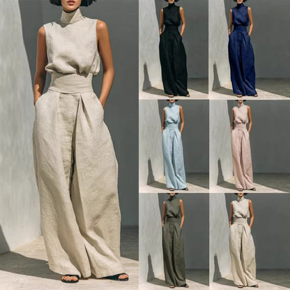 Premium Mock-Neck Sleeveless Cotton-Linen Two-Piece Set with Corset Waist
