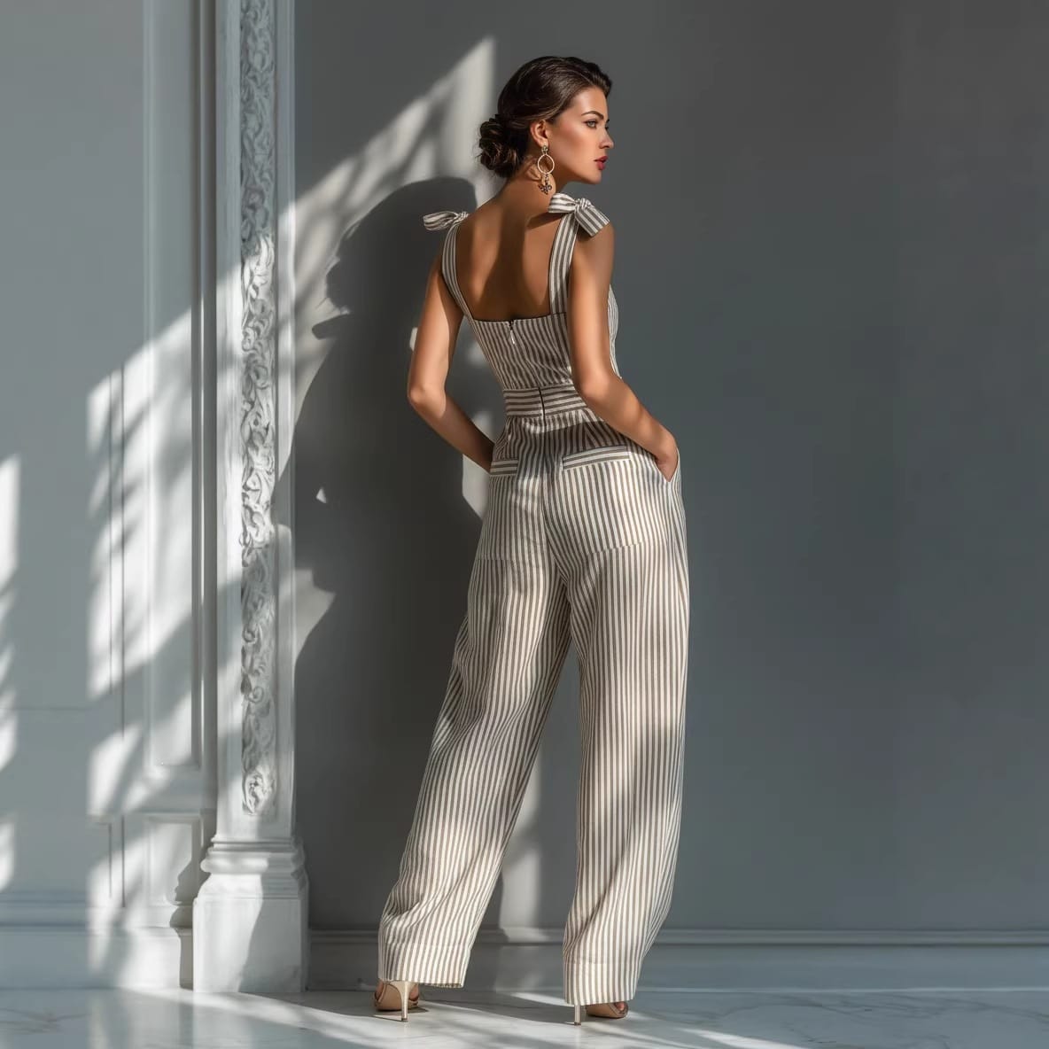 Women's striped linen pullover jumpsuit - detail