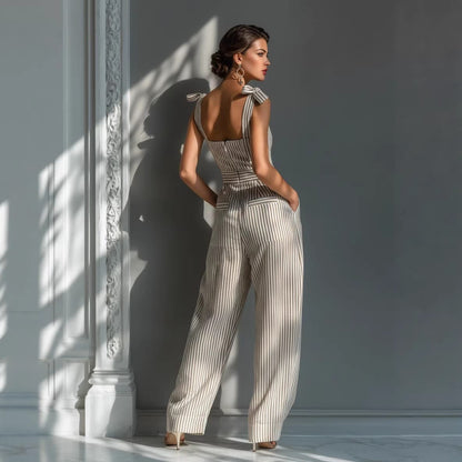 Women's striped linen pullover jumpsuit - detail